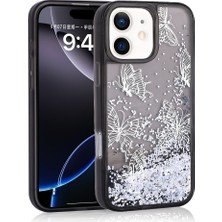 Efura iPhone 12 Uyumlu Kılıf Sıvılı Simli Kelebek Baskılı Şeffaf Arka Yüzey Efr Glis Silikon Kapak-Siyah