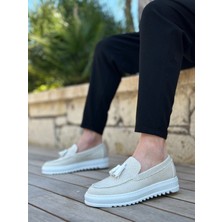 Baybonza BA0154 Bağcıksız Yüksek Taban Beyaz Keten Püsküllü Erkek Ayakkabı