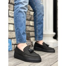 Baybonza BA0154 Bağcıksız Yüksek Taban Siyah Keten Siyah Taban Püsküllü Erkek Ayakkabı