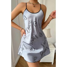 Intive Lingerie Love Baskılı Gri Saten Gecelik