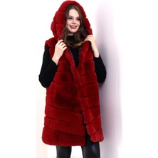 Beta Moda Hub Kapşonlu Peluş Kürk Yelek Premium Kalite, Tam Astarlı, Uzun Model - Kırmızı