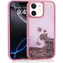 Efura iPhone 12 Uyumlu Kılıf Sıvılı Simli Şeffaf Arka Yüzey Efr Keto Silikon Kapak-Pembe