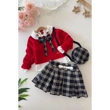 Miniğimin Cicileri Fiyonk Triko Kazaklı Ekose Pileli Şort Etekli Kız Çocuk 4 Lü Takım - Kırmızı