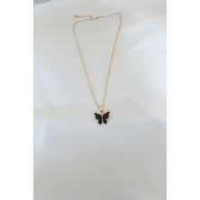 Gold Kaplama Siyah Renkli Sedefli Kelebek Kolye - Bamido