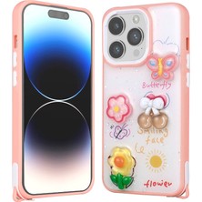 Efura Apple iPhone 14 Pro Max Kılıf Parlayan Sıvılı Simli Kabartma Figürlü Efr Cevze Kapak-Pembe