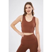 Beta Moda Hub Kadın Fitilli Baskılı Crop - Kahve