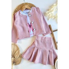 Monila Kız Çocuk Pembe Tweed Kumaş  Etekli Ceketli ve Tshirtlü 3'lü Takım