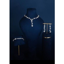 Shopidik Gold Zirkon Taşlı Işıltılı Çiçek Desenli 3’lü Abiye Takı Seti