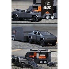 Craftivio 1:32 Ölçek Antrasit Ince Detay Işıklı Sesli Karavan ve Motorlu Metal Tesla Cybertruck Seti 37 cm