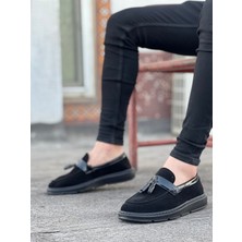 Baybonza BA0005 Bağcıksız Yüksek Taban Klasik Siyah Süet Parlak Kuşaklı Püsküllü Erkek Ayakkabı