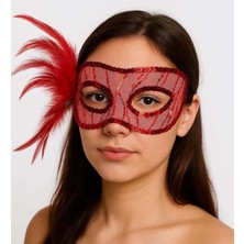 FRY Kırmızı Renk Yandan Tüylü Pul Payet Işlemeli Parti Maskesi 23X12 cm