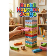 Craftivio Eğitici Ahşap Denge Oyunu - Renkli Hayvan Figürlü Zarlı Jenga - 51 Parça Zeka ve Beceri Kulesi