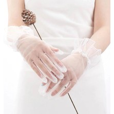 MiraLive Kısa Boy Likralı Güpürlü Yetişkin Tül Eldiven Beyaz Renk