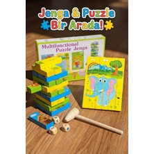 Craftivio Eğitici Ahşap Resimli Jenga ve Puzzle Seti - Çekiçli Denge Kulesi Zeka Oyunu (Montessori)