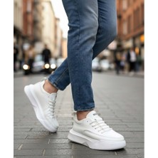 Baybonza BA0332 Merdiven Desen Bağcıklı Erkek Yüksek Taban Beyaz Cilt Spor Ayakkabı