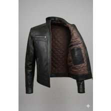 VERRA Premium Erkek Siyah Deri Mont - Içi Kapitone Astarlı Dik Yaka Tasarım (Slim Fit)