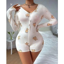 Aria's Closet Arias Closet Pamuklu Beyaz Ayıcık Desenli Düğmeli Uzun Kol Tulum Pijama