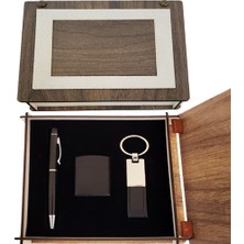 Just Cheap Store Özel Ahşap Kutulu Siyah Anahtarlık Kalem ve Çakmak Set