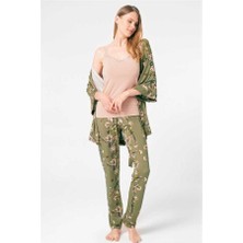 MOTTO10 Butik Anıl 5792 Ip Askılı V Yaka Viskon Çiçek Desenli Kışlık Örme Normal Bel Bağlamalı Dantel Detaylı Pijama Takımı Sabahlık
