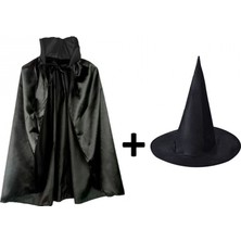 MiraLive Siyah Yakalı Pelerin ve Siyah Cadı Şapkası Seti Çocuk Boy