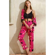 MOTTO10 Butik Ip Askılı V Yaka Kadın Çiçek Desenli Yazlık Uzun Ip Detaylı Pijama Altı Sabahlık Anıl 5756