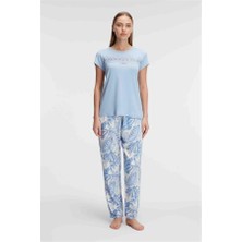 MOTTO10 Butik Anıl 9885 Kısa Kol Bisiklet Yaka Kadın Viskon Çiçek Desenli Yazlık Örme Dantel Detaylı Pijama Takımı