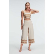 MOTTO10 Butik Kalın Askılı Oyuk U Yaka Kadın Geometrik Yazlık Uzun Nakış Detaylı Pijama Takımı Anıl 9822