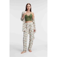 MOTTO10 Butik Anıl 5829 Ip Askılı V Yaka Kadın Çiçek Desenli Yazlık Dokuma Dantel Detaylı Pijama Takımı Sabahlık
