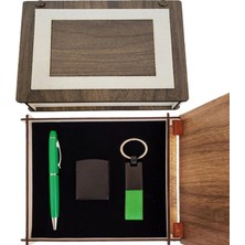 MiraLive Özel Ahşap Kutulu Yeşil Anahtarlık Kalem ve Çakmak Set