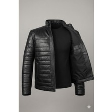 VERRA Erkek Siyah Hakim Yaka Kapitone Desenli Spor Deri Mont - Slim Fit Kesim