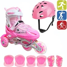 Depomiks Avm Paten Çift Sıra Ayarlanabilir Işıklı Alüminyum Gövde Alıştırma Kask+Dizlik+Dirseklik+Ellik Tam Set