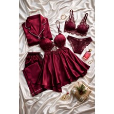 Çeyize Dair Herşey Satin Elegance Bordo 6’lı Dantel Gecelik & Pijama Seti