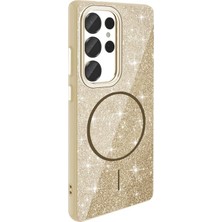 Galaxy S25 Ultra Kılıf M-Safe Şarj Özellikli Parlayan Simli Zore Okso Kılıf Gold