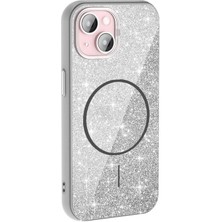 iPhone 15 Plus Kılıf M-Safe Şarj Özellikli Parlayan Simli Zore Okso Kılıf Beyaz