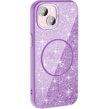 iPhone 15 Plus Kılıf M-Safe Şarj Özellikli Parlayan Simli Zore Okso Kılıf Mor