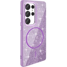 Galaxy S25 Ultra Kılıf M-Safe Şarj Özellikli Parlayan Simli Zore Okso Kılıf Mor