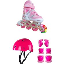 Depomiks Avm Pembe Metal Paten Ayarlanabilir Alıştırma Kask Dizlik Bileklik Dirseklik Set