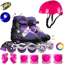 Depomiks Avm Mor Işıklı Teker Ayarlanabilir Çocuk Alıştırma Paten 2 Fonksiyon LED El Feneri Kask Dizlik Full Set