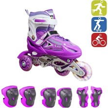 Depomiks Avm Mor Çift Sıra Ayarlanabilir Işıklı Alüminyum Gövde Alıştırma Pateni + Koruyucu Dizlik Seti