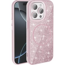 Phone 15 Pro Kılıf M-Safe Şarj Özellikli Parlayan Simli Zore Okso Kılıf Pembe