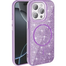 iPhone 15 Pro Max Kılıf M-Safe Şarj Özellikli Parlayan Simli Zore Okso Kılıf Mor