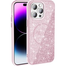 iPhone 14 Pro Max Kılıf M-Safe Şarj Özellikli Parlayan Simli Zore Okso Kılıf Pembe