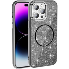 iPhone 14 Pro Max Kılıf M-Safe Şarj Özellikli Parlayan Simli Zore Okso Kılıf Siyah