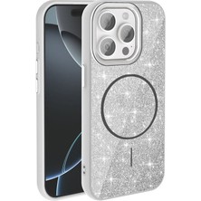 iPhone 15 Pro Max Kılıf M-Safe Şarj Özellikli Parlayan Simli Zore Okso Kılıf Beyaz