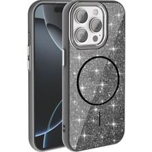 iPhone 15 Pro Max Kılıf M-Safe Şarj Özellikli Parlayan Simli Zore Okso Kılıf Siyah