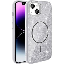 iPhone 14 Kılıf M-Safe Şarj Özellikli Parlayan Simli Zore Okso Kılıf Beyaz