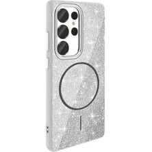 Galaxy S25 Ultra Kılıf M-Safe Şarj Özellikli Parlayan Simli Zore Okso Kılıf Beyaz