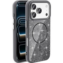 iPhone 17 Pro Max Kılıf M-Safe Şarj Özellikli Parlayan Simli Zore Okso Kılıf Siyah