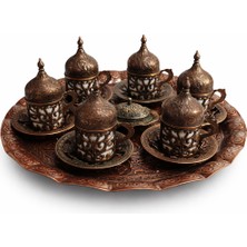 Seçilir Hanzade Serisi: Osmanlı Motifli 6 Kişilik Eskitme Bakır Renk Kahve Takımı – Tepsi ve Lokumluk Dahil