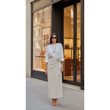 Avakado Yandan Bağlamalı Keten Karışımlı Içi Astarlı Etek